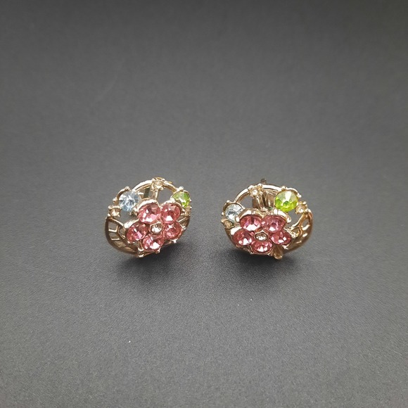 Vintage Floral Rhinestone Screw-Back Earrings – Pink Flower Basket Design - Picture 1 of 3
